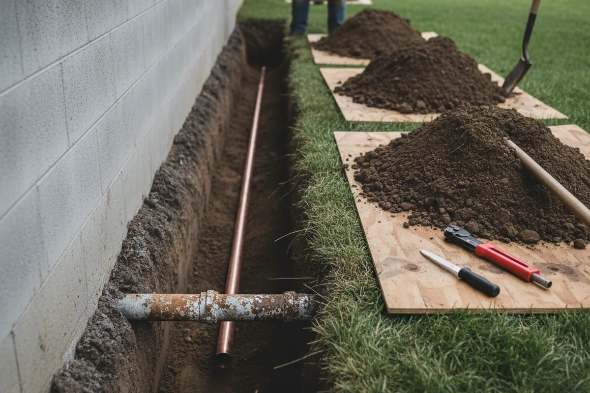 Excavated water line trench during Sewer Line Repair in Nebo